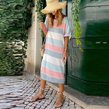  Многоцветное полосатое подходящее свободное платье с рукавом 3/4 для женской одежды Сплошной пэчворк Повседневные длинные женщины