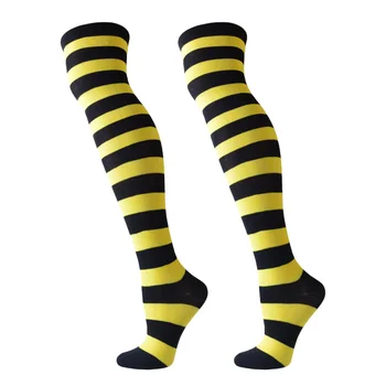 Длинные полосатые чулки через колено бедра Высокие клоунские носки Носки выше колена Носки для костюма Черный Желтый