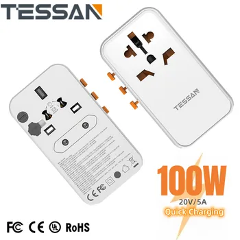 TESSAN 65 Вт / 100 Вт GaN Адаптер для путешествий по всему миру с USB Type-C Быстрая зарядка Универсальный адаптер питания ЕС / Великобритания / США / Австралия Вилка для путешествий