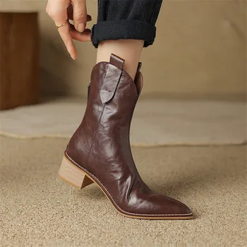 Новые короткие сапоги из спилока кожи осень/зима женская обувь с острым носком коренастым каблуком западные сапоги для женщин модные сапоги ручной работы
