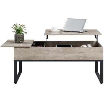 Прямоугольный деревянный журнальный столик с раздельной подъемной крышкой, большой, серый в деревенском стиле