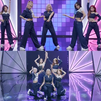 Kpop Корейские женщины Укороченные топы Джаз Танцевальный наряд Хип-хоп Свободные прямые брюки Танцевальная одежда Фестивальная одежда Рейв-сценический костюм