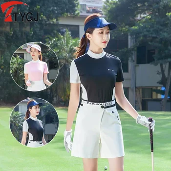 TTYGJ Рубашка для гольфа для женщин Футболка для гольфа с воротником Пэчворк Топы с коротким рукавом Высокоэластичный солнцезащитный крем Спортивная одежда Slim Jersey
