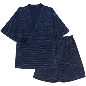 Полосатый спортивный костюм Мужская пижама из чистого хлопка Летние шорты с коротким рукавом Японское кимоно Купальный костюм Впитывающая дышащая домашняя одежда