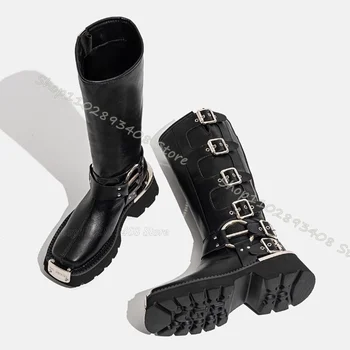 Черный металл Декор Боевые ботинки Износостойкая платформа Массивные каблуки Обувь Панк Стиль Весна Мода Сапоги Zapatos Para Mujere