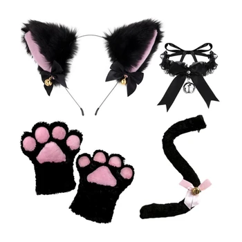 Кошачьи уши Повязка на голову Перчатки Хвост Чокер для Хэллоуина Косплей Костюм Вечеринка-Декор