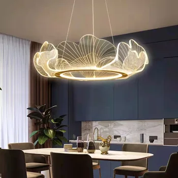  Художественная люстра из листьев гинкго Современная минималистичная лампа в гостиной, спальне, кабинете, светодиодном интеллектуальном затемняющем освещении
