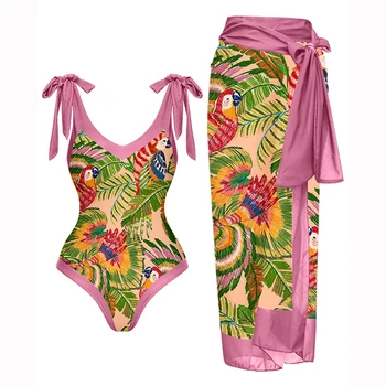 Винтажный купальный костюм сексуальный комплект бикини с цветочным принтом Цельный купальник и накидка с V-образным вырезом Летняя женская пляжная одежда с открытой спиной Роскошь