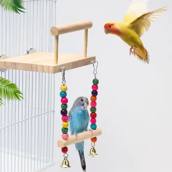 Bird Swing Toy Деревянная подставка для попугая Игровая подставка с жевательными бусинами Клетка Игровая площадка для волнистых попугайчиков
