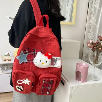 Hello Kitty школьная сумка в стиле кампуса потрепанный пластырь костяная звезда карман ленивый стиль рюкзак Sanrio сумка женский kaws