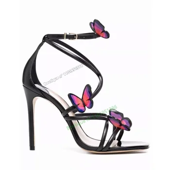 Черные сандалии с бабочкой Декор Обувь с пряжкой на лодыжке для женщин Свадебная обувь на высоком каблуке с открытым носком 2023 Zapatos Para Mujere