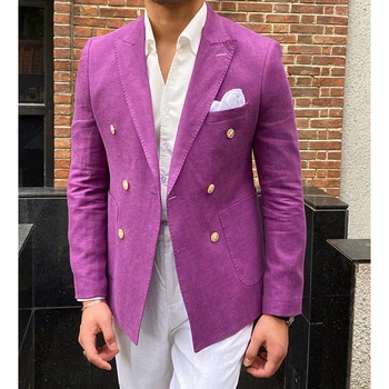 2023 Новый Мужской Костюм Мода Фиолетовый Вырез Отворот Хлопок Лен Две части Бизнес Свадьба Ежедневный Slim Fit Повседневная куртка Брюки Homme