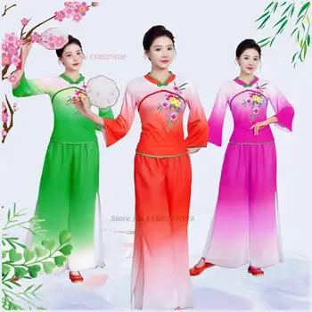 2024 Китайский винтажный танцевальный костюм Национальный цветочный принт Ханьфу Топы + Брюки Набор Сценический костюм Выступление Китайский винтаж Ханьфу
