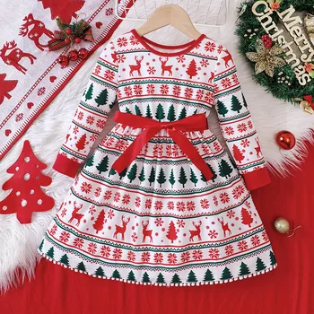 Детское рождественское платье для девочек Одежда 2023 Новая осень-зима для малышей с принтом с длинным рукавом Рождество Повседневное платье принцессы Мода Ребенок
