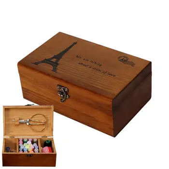 Деревянный органайзер для швейной коробки Деревянный ящик для хранения ниток с держателем швейных игл и аксессуарами для рукоделия своими руками