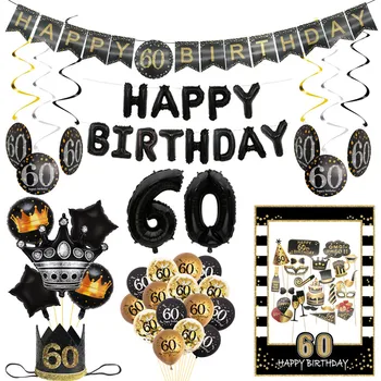  60th Birthday Party Фотобудка Реквизит Рамка Баннер Воздушные шары Спиральные висячие украшения Корона Повязка на голову Взрослый 60-летний Принадлежности 0