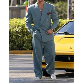Шикарный двубортный мужской костюм с пиковым лацканом 2 шт. Модный однотонный блейзер с брюками High Street Casual Wedding Groom Tuxedo 2023