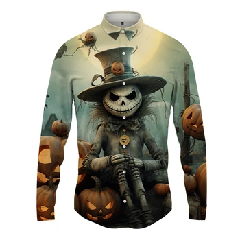 3D Spoof Хэллоуин Печатная рубашка Уличная хип-хоп Мужская рубашка оверсайз 2023 Весна и осень Мода Хип-хоп Мужская рубашка