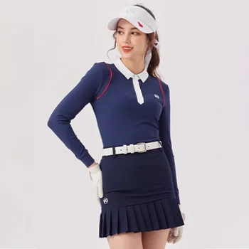 Femt Golf Женщины Elatsic Slim Golf Короткая юбка Плиссированные кюлоты с высокой талией Леди Пэчворк Поло Топ Мягкие рубашки с длинным рукавом 1
