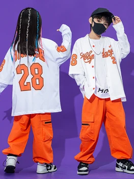 Бальный хип-хоп танцевальная одежда Дети уличные танцы свободная рубашка оранжевый брюки-карго для девочек и мальчиков хип-хоп костюм Kpop костюм BL9989 1