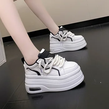 Женщина дышащий высокий верх черный белый ботинки обувь женская повседневная спортивная обувь платформа скрытая увеличивающаяся 8 см платформа кроссовки обувь 1