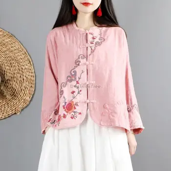 2024 китайский ретро хлопковый льняной топ женское весенне-осеннее повседневное пальто универсальный кардиган с длинными рукавами на пуговицах в восточном стиле 1
