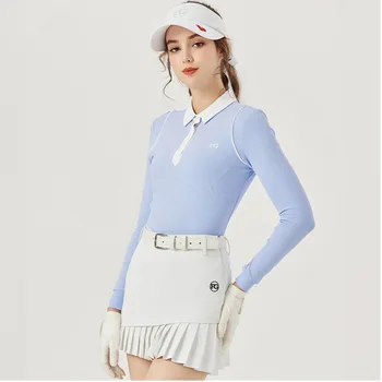 Femt Golf Женщины Elatsic Slim Golf Короткая юбка Плиссированные кюлоты с высокой талией Леди Пэчворк Поло Топ Мягкие рубашки с длинным рукавом 2