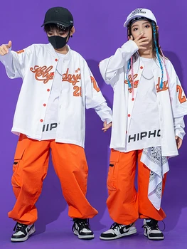 Бальный хип-хоп танцевальная одежда Дети уличные танцы свободная рубашка оранжевый брюки-карго для девочек и мальчиков хип-хоп костюм Kpop костюм BL9989 2