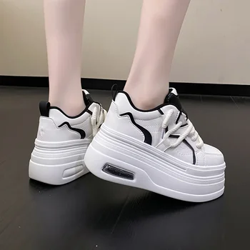 Женщина дышащий высокий верх черный белый ботинки обувь женская повседневная спортивная обувь платформа скрытая увеличивающаяся 8 см платформа кроссовки обувь 2