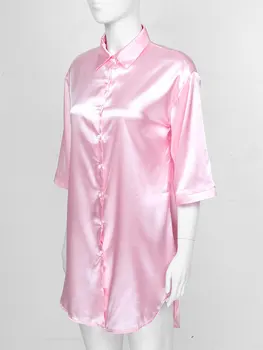 Женская атласная ночная рубашка с рукавом 3/4 Пуговицы Отложной воротник Ночная рубашка Однотонная рубашка для сна Ночная рубашка Женская пижама 2021 2