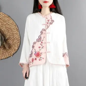 2024 китайский ретро хлопковый льняной топ женское весенне-осеннее повседневное пальто универсальный кардиган с длинными рукавами на пуговицах в восточном стиле 2