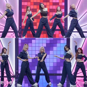 Kpop Корейские женщины Укороченные топы Джаз Танцевальный наряд Хип-хоп Свободные прямые брюки Танцевальная одежда Фестивальная одежда Рейв-сценический костюм 2