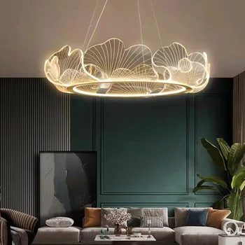  Художественная люстра из листьев гинкго Современная минималистичная лампа в гостиной, спальне, кабинете, светодиодном интеллектуальном затемняющем освещении 2