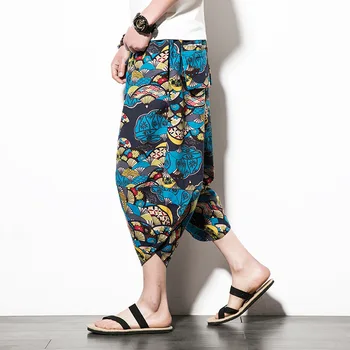 Мужские брюки тайцзицюань свободный стиль повседневные широкие брюки льняные короткие брюки с цветочным принтом размер летние пляжные брюки укороченные штаны кунг-фу 2