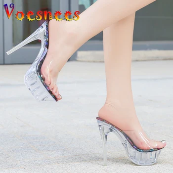  Уличный стиль Сексуальная женская обувь ПВХ Прозрачные тапочки 14 см Модная платформа Кристалл Высокие каблуки 2023 Лето Новые модели Сандалии 2