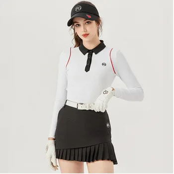Femt Golf Женщины Elatsic Slim Golf Короткая юбка Плиссированные кюлоты с высокой талией Леди Пэчворк Поло Топ Мягкие рубашки с длинным рукавом 3