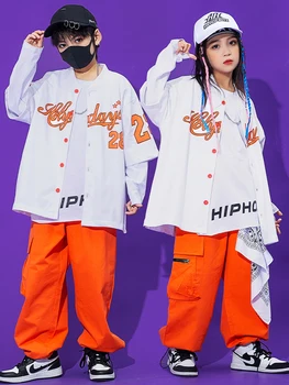 Бальный хип-хоп танцевальная одежда Дети уличные танцы свободная рубашка оранжевый брюки-карго для девочек и мальчиков хип-хоп костюм Kpop костюм BL9989 3