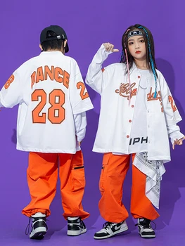 Бальный хип-хоп танцевальная одежда Дети уличные танцы свободная рубашка оранжевый брюки-карго для девочек и мальчиков хип-хоп костюм Kpop костюм BL9989 4