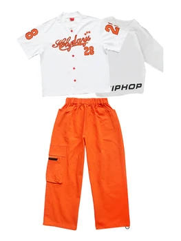 Бальный хип-хоп танцевальная одежда Дети уличные танцы свободная рубашка оранжевый брюки-карго для девочек и мальчиков хип-хоп костюм Kpop костюм BL9989 5