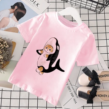 Детская мода 2021 Летняя футболка для девочек Удобная Милая Одежда Для Малышей С Коротким Рукавом Новое Поступление Мультфильм Розовая Кошка Футболка 5
