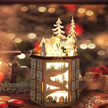 Вращающаяся музыкальная шкатулка 24 дня с обратным отсчетом Рождественский календарь Резные огни Светодиодные деревянные украшения Рождество Адвент E4F4 5